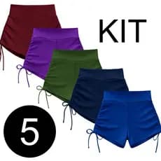 Kit 5 Shorts Fitness Feminino Suplex Cintura Alta com Lacinho Lateral Regulável Ajustável Curto ou Comprido