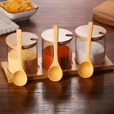 Porta Temperos Ervas Especiarias Condimentos Organizador Cozinha 3 Pcs de Vidro Base e Tampa Bambu