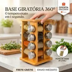 Porta Temperos Condimentos Giratório 16 Potes Vidro Suporte Bambu 360 Graus Organizador Cozinha Luxo