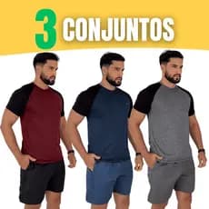 3 Conjuntos Masculino Dryfit Camisa Masculina Manga Curta + Short Masculino kit com três Conjuntos