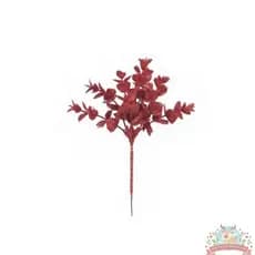 Galho Enfeite Decoração de Natal Flor Folhas de Eucalipto com Glitter Vermelho - 24 cm