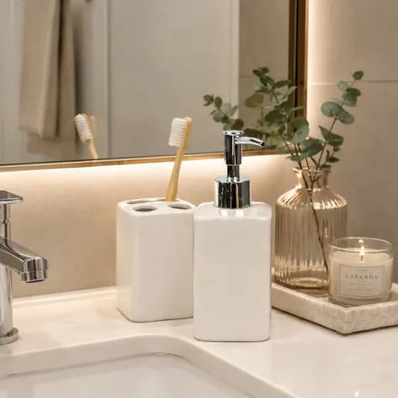 Kit Acessórios De Banheiro Lavabo 2 Peças Cerâmica Porta Escova e Porta Sabonete Líquido MIMI