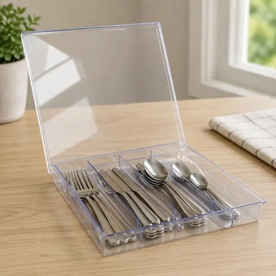 Porta Talheres com Tampa Organizador de Talheres com Divisórias Plástico Cristal