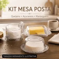 Kit Mesa Posta 3 Peças: Queijeira + Açucareiro com Colher + Manteigueira com Tampa