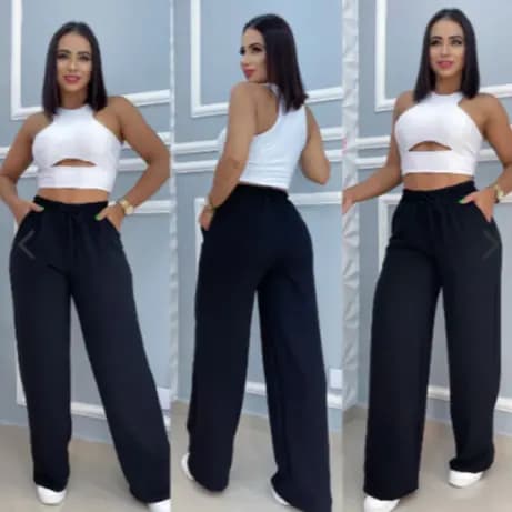 Calça Feminina Pantalona Wid Leg Com Bolso Duna Leve Confortável Elástico na Cintura