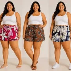Kit 3 Shorts Estampados Feminino P ao G2 Duna Confortável Plus Size