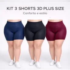 Kit 3 Short Feminino 3D  Plus Size Suplex Cintura Alta