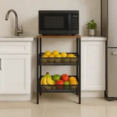 Fruteira 2 Cestos Multiuso em Aço com Tampo MDF Organizador para Cozinha Reforçada