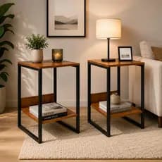 Kit 2 Criado Mesa Cabeceira De Cama Industrial De Aço Com Prateleira Madeira Mdf