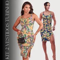 Kit 2 Vestidos Alça Justo Feminino Casual Canelado Estampado Confortável Tubinho Decote Quadrado