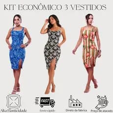 Kit 3 Vestidos Alça Justo Feminino Tubinho Casual Canelado Estampado Confortável Decote Quadrado