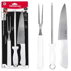 Kit Churrasco 2 Ou 3 Peças Inox Original Line  Cabo Branco Design Premium Faca Garfo Chaira