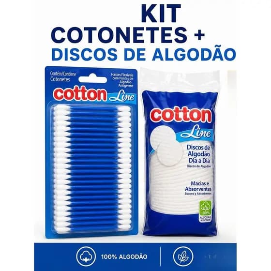 Kit Cotonetes + Discos De Algodão Hastes Flexiveis 100% Algodão Higiene Bebê Maquiagem e Limpeza