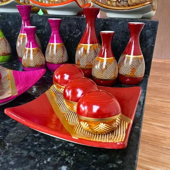 Trio Vasos Prato Bolas Kit 07 Peças Ceramica Decoraçao