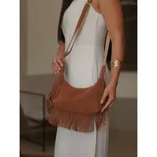 Bolsa De Franja Couro Camurça Média Feminina
