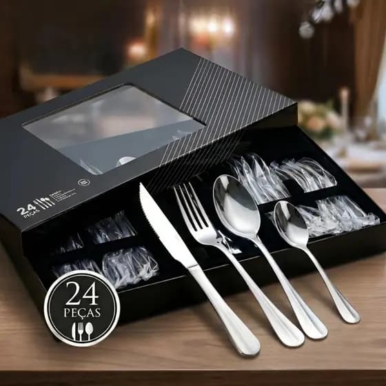 Faqueiro Inox 24 Peças Para 6 Pessoas Na Caixa Para Presente Jogo De Talheres 100% Aço Inox