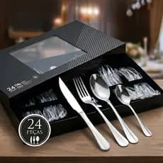 Faqueiro Inox 24 Peças Para 6 Pessoas Na Caixa Para Presente Jogo De Talheres 100% Aço Inox