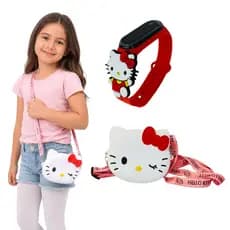 Bolsa infantil Hello Kitty De ombro + Relógio Infantil da personagem