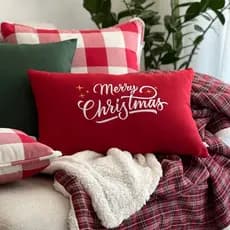 CAPA DE ALMOFADA LINHO RETANGULAR VERMELHO BORDADO MERRY CHRISTMAS 30x50