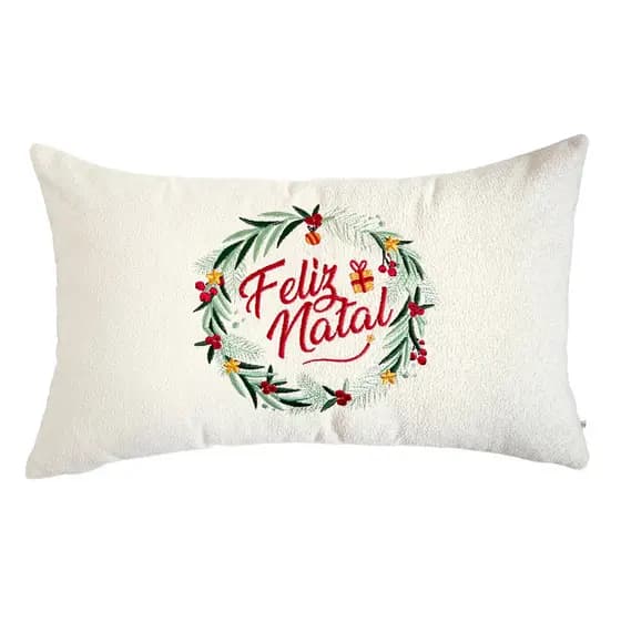 Capa de Almofada em Bouclê Feliz Natal Bordada Retangular 30x50