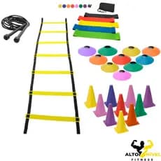 Kit Treino Funcional Agilidade Escada 7 Degraus 10 Cones 10 Chapéus Chinês 1 Kit 5 Faixa Mini Band 1 Corda de Pular Pvc