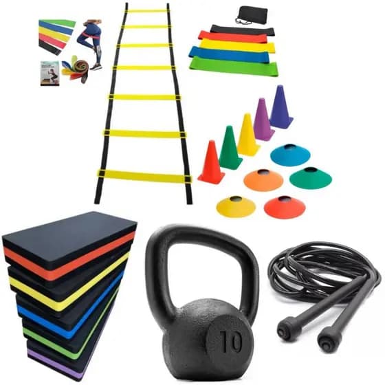 kit Treino Funcional Agilidade 1 Step Grande 1 Kit Miniband 1 Corda 1 Kettlebell 10kg Pintado Preto