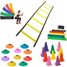 Kit Agilidade Funcional 10 Cones 10 Pratos 1 Escada 7 Degraus Kit Elasticos 5 Mini Bands