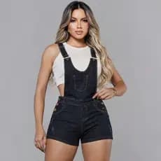 Jardineira Feminina Jeans Com Laycra Short  Bolso Frontal