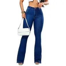 Calça Feminina Social Flare Jeans Cintura Alta Elegante Elastano Lycra Casual Premium