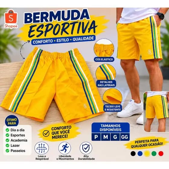 Bermuda Brasil tactel Esportiva Masculina – Conforto, Estilo e Qualidade para o Seu Dia a Dia