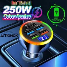 ACTIONOK 250W Carregador De Carro Adaptador De Isqueiro De Carga Rápida 2-6 Portas USB-C Telefone De Carregamento Rápido