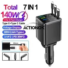 ACTIONOK Carregador De Carro 7 Em 1 Retrátil 3 Portas Type C USB Carregamento Rápido Para IPhone 12 15 16 Samsung Cabo i