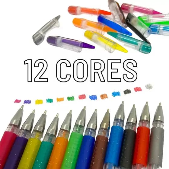 Papelaria - Canetas Gel com Glitter – Kit com 12 Cores Vibrantes