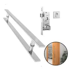 Kit Porta Pivotante Puxador Barra Chata H 1 Metro + Fechadura Rolete Stam 803 Aço Inox 304 Polido