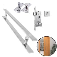Kit Porta Pivotante Puxador 60cm + Fechadura Rolete Stam + Dobradiça Pivotante 150kg Inox Polido Brilhante