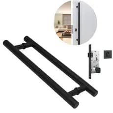 Kit Porta Pivotante Puxador Tubular H 60cm + Fechadura Stam Rolete Preto Fosco