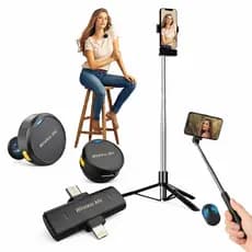 Kit Tripé Para Celular Grande 1.70m Regulável Bastão Selfie + Microfone de Lapela Botão Sem fio