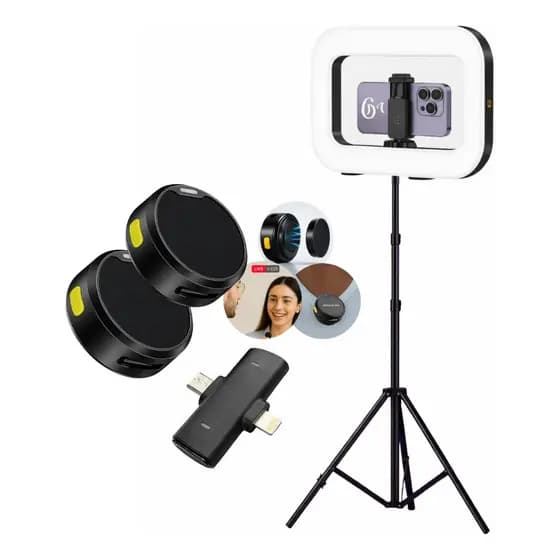Kit Microfone Lapela Sem Fio Celular Botão + Ringlight Ring Light Luz Led Profissional 20w Potência