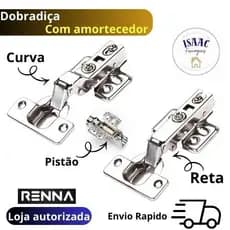 Kit 10 Dobradiça com amortecedor reta ou curva 35mm Renna