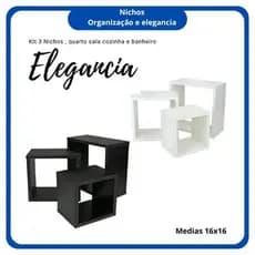 Kit 3 Nichos Quadrado Preto ou Branco 16 Decoração Sala Quarto Cozinha MDF 16x16cm Envio Imediato