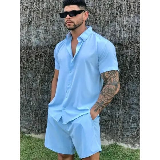 Conjunto Camisa e Short Florido Havaiano Estampado Listrado Adulto Masculino Viscose