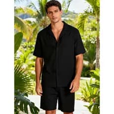 Conjunto Camisa e Short Florido Havaiano Estampado Listrado Adulto Masculino Tecido de Viscose