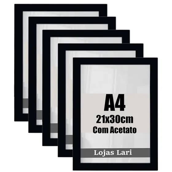 Kit 5 Molduras Preta Quadro A4 Certificados C/ Acetato Foto 21x30cm