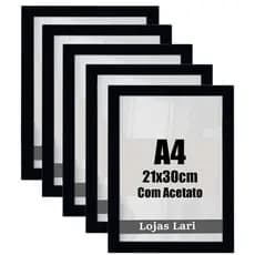 Kit 5 Molduras Preta Quadro A4 Certificados C/ Acetato Foto 21x30cm