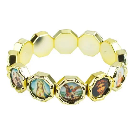 Pulseira Religiosa Feminina Dourada Prata Imagens Sacras Católica Elástica Luxo Aço Inox