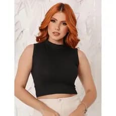 Cropped Feminino Regata Canelado com Gola Alta e Regata