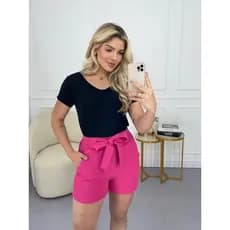Shorts Feminino Cintura Alta Alfaiataria De Linho Com Cinto Laço Verão