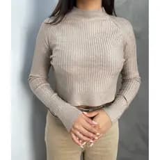 Cropped Feminino Manga Comprida e Meia Gola Alta de Cachemir Inverno Outono Tecido Macio