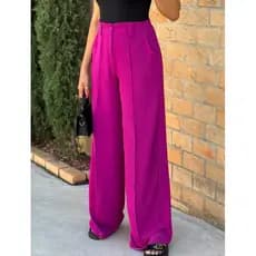 Calça Wide Leg Pantalona Lisa Feminina com Cintura Alta e Elástico na Cintura