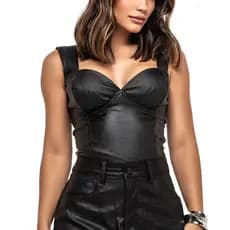 Top em Couro Sintético PU Consciência Jeans Feminino Regata com Lastex 24629